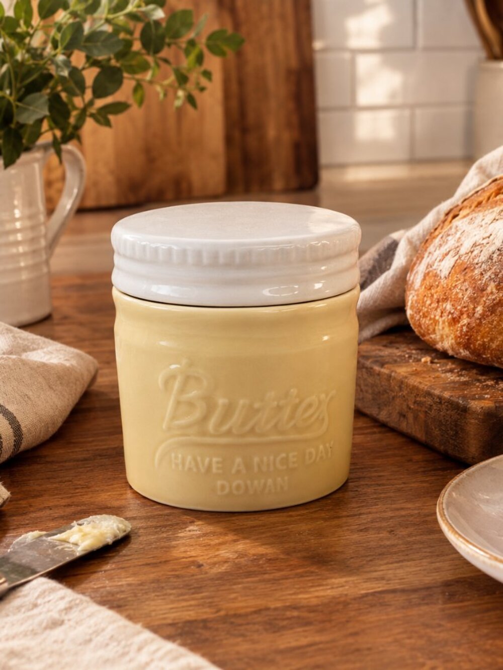 Ceramic Butter Bell Crock Warm Yellow & White Farmhouse French Butter Keeper 4